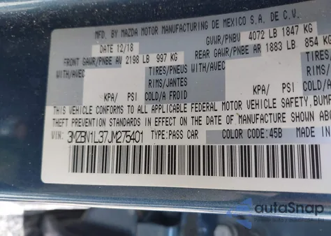 2018 Mazda Mazda3 Touring z USA, uszkodzony, nr VIN 3MZBN1L37JM275401